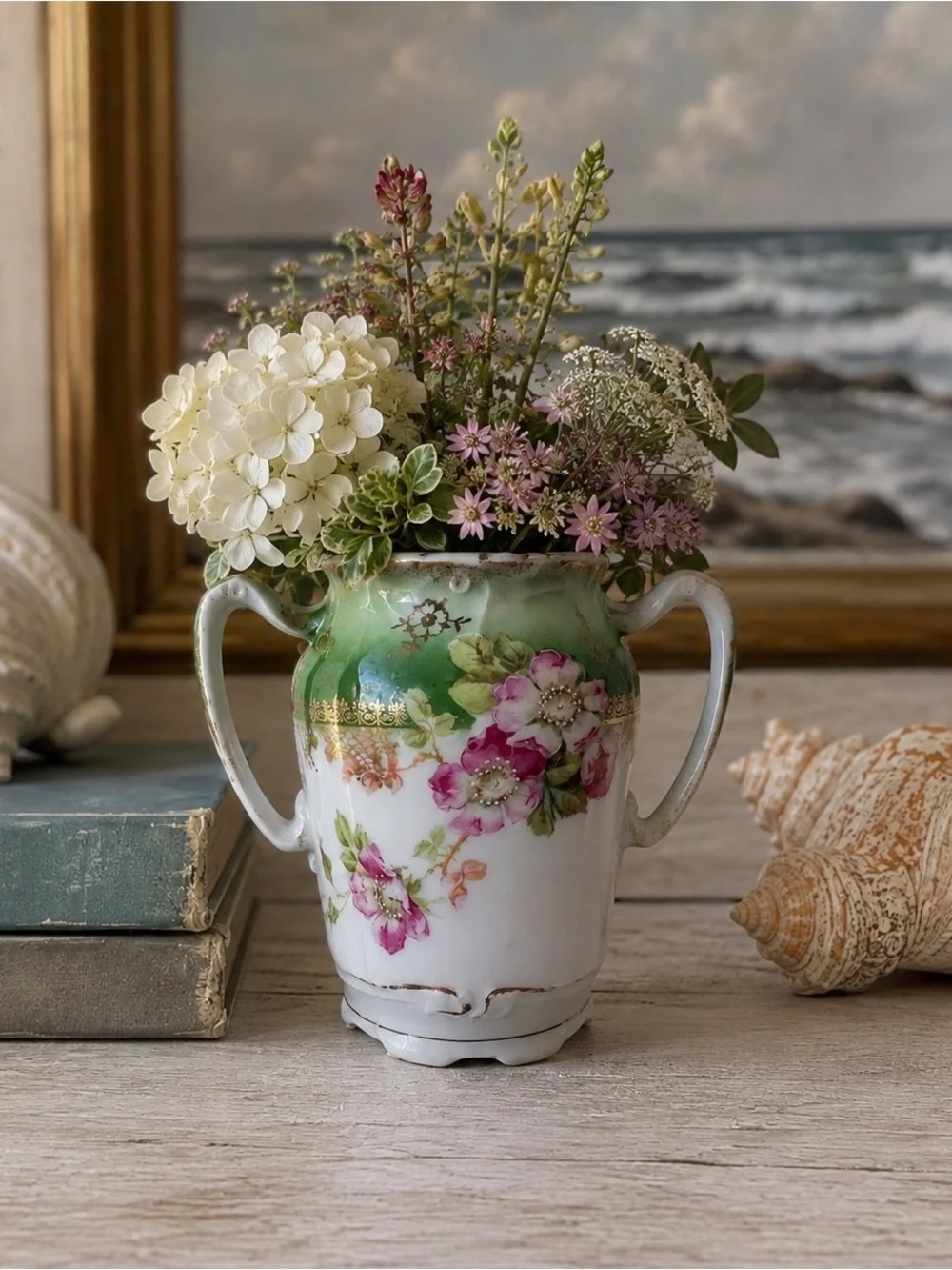 Antique Porcelain Double Handle Vase Green Pink Roses Gold Gilt 5”